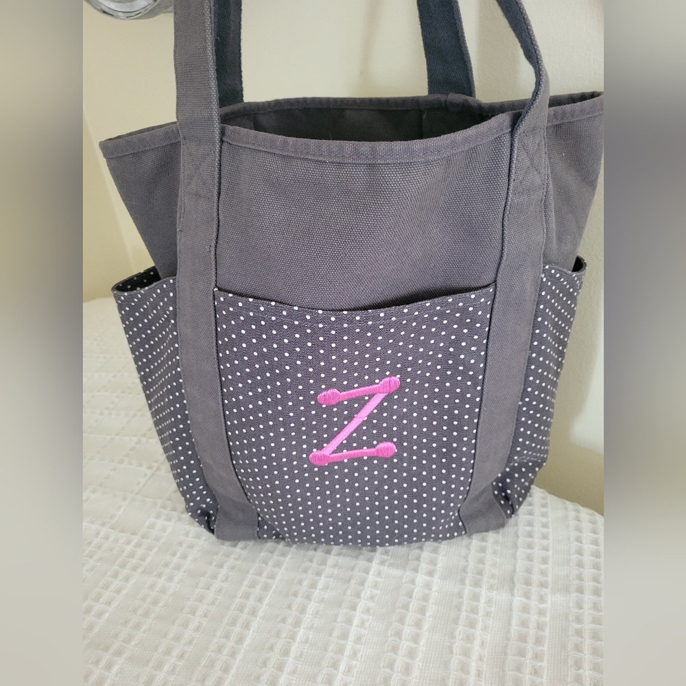 Dark gray, polka dot, canvas tote, thirty-one
